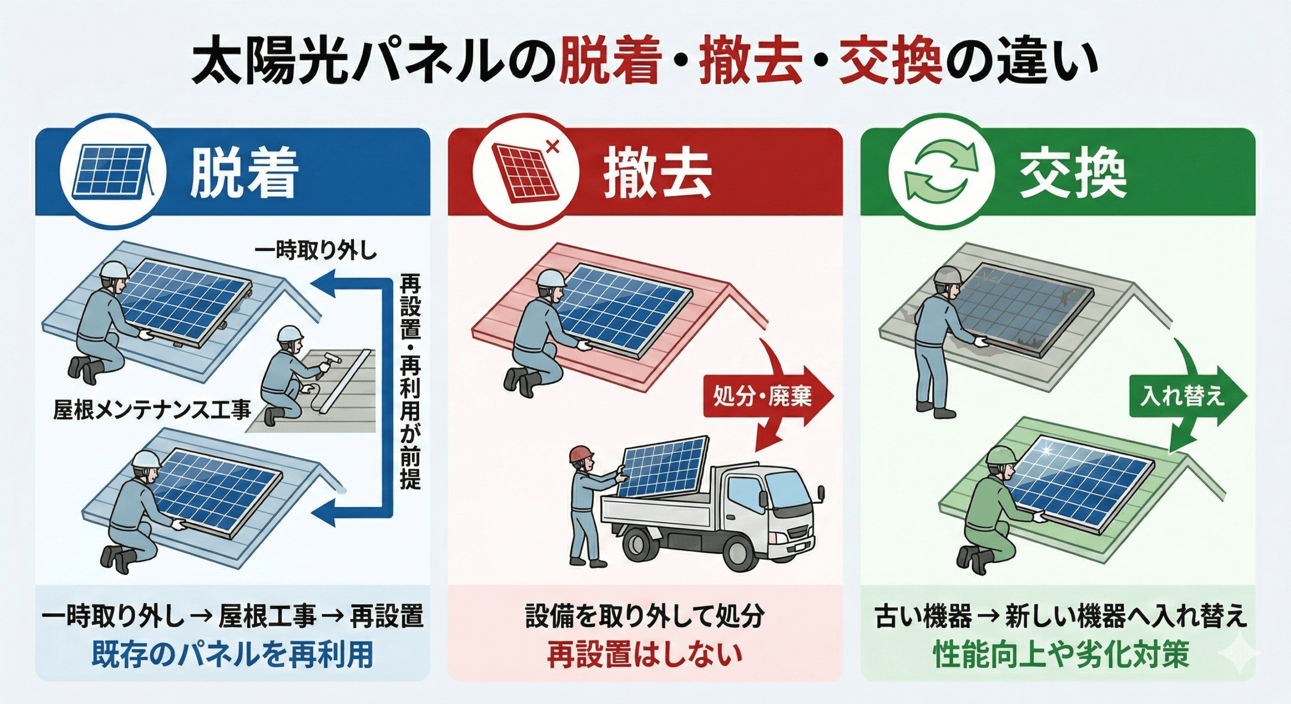 太陽光パネルの脱着・撤去・交換の違い比較表(1)