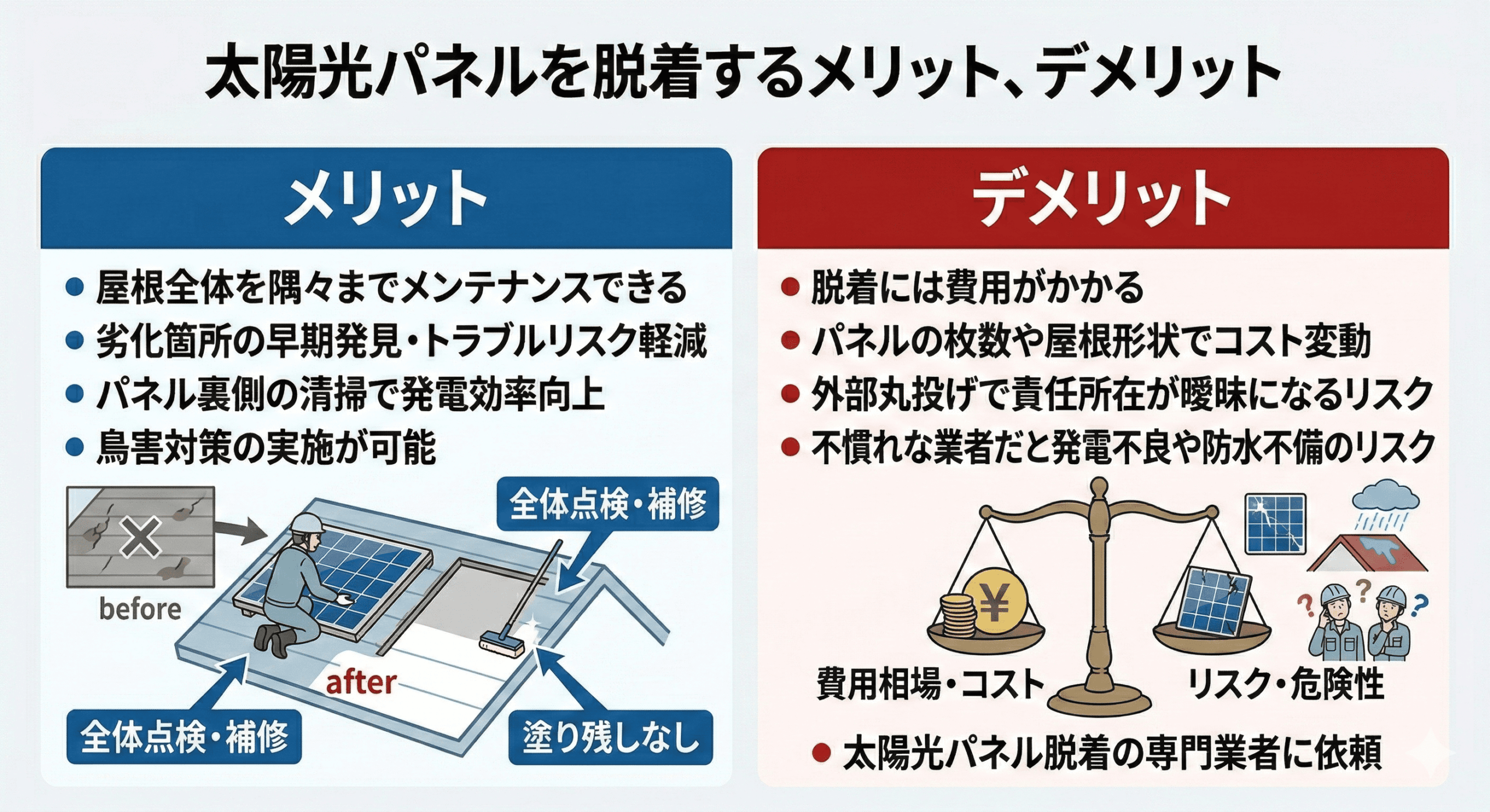 太陽光パネルを脱着して屋根の隅々までメンテナンスするメリット