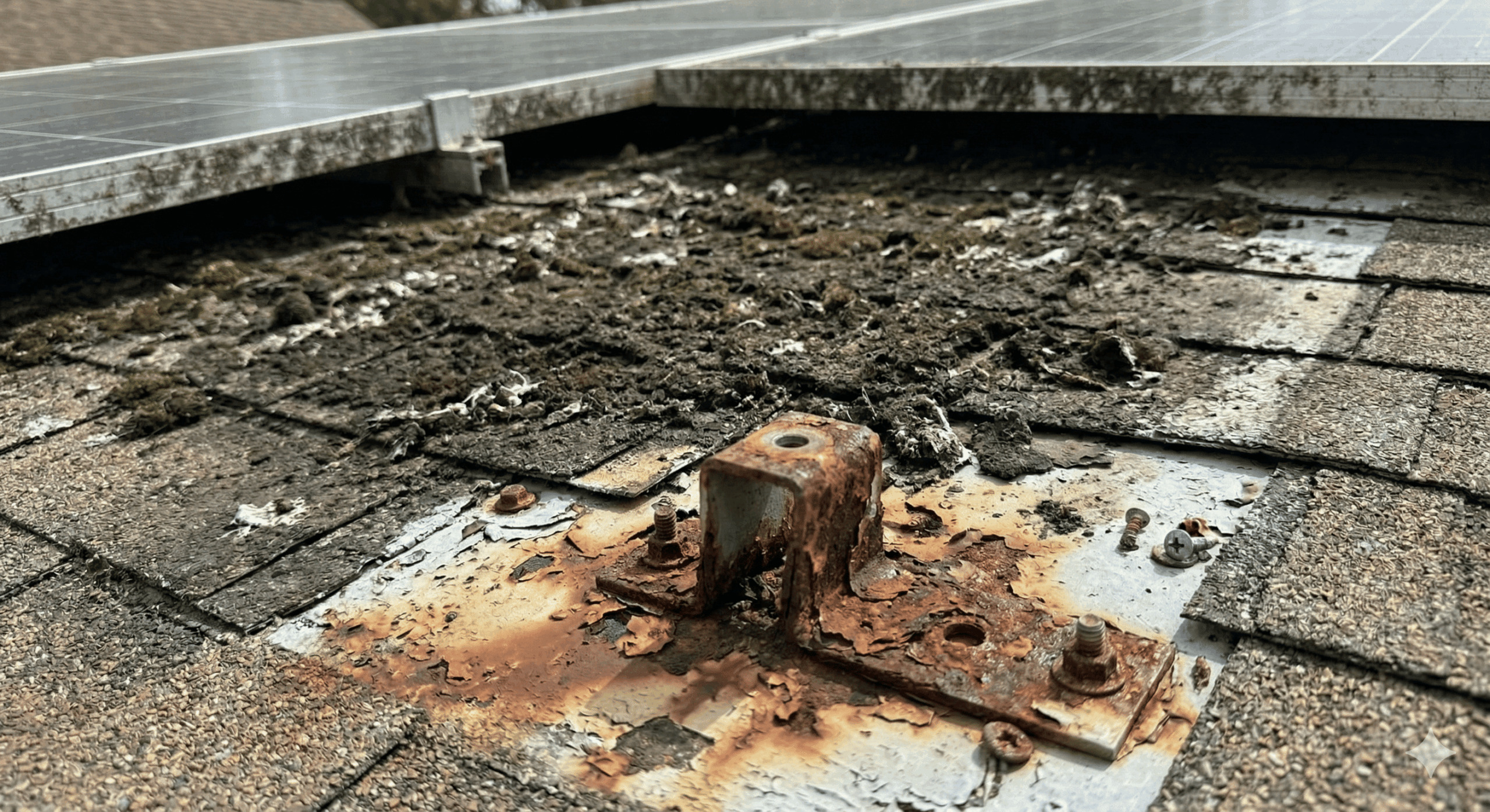 太陽光パネル下の屋根の汚れと固定金具周辺の劣化