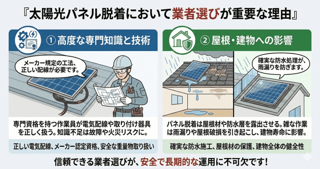 太陽光パネル脱着において業者選びが重要な理由のイラスト
