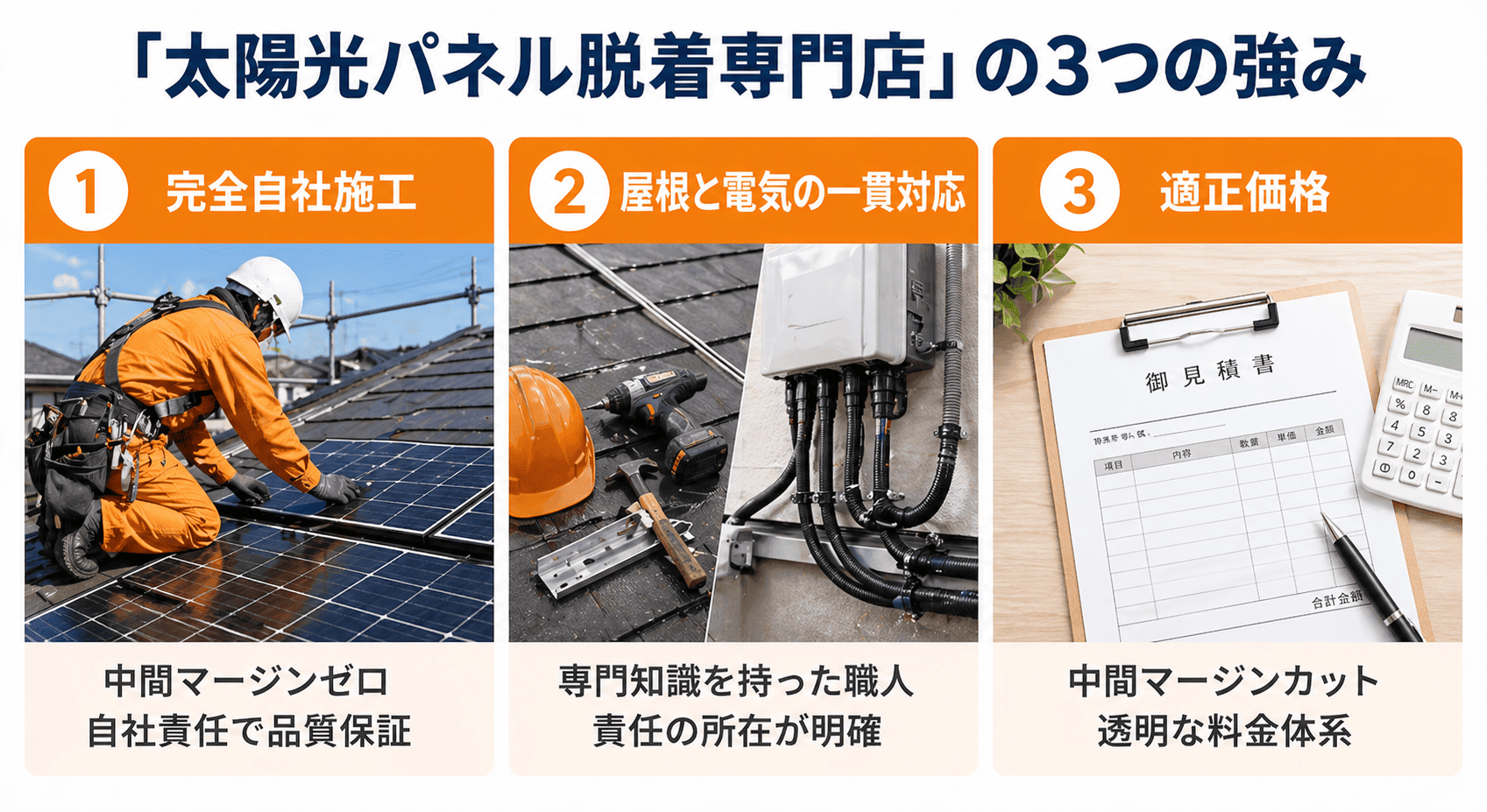 太陽光パネル脱着なら「太陽光パネル脱着専門店」の3つの強み。完全自社施工・屋根と電気の一貫対応・中間マージンカットの適正価