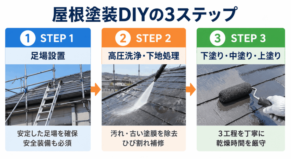 屋根塗装DIYの3ステップ手順図。STEP1足場設置、STEP2高圧洗浄・下地処理、STEP3下塗り・中塗り・上塗り