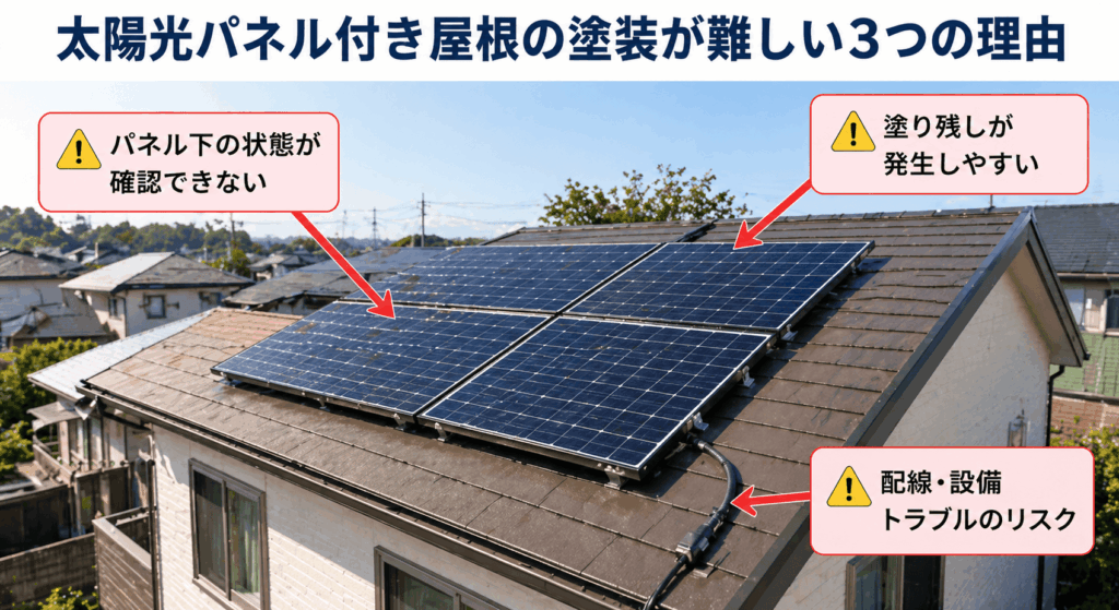 太陽光パネル付き屋根の塗装が難しい3つの理由。パネル下の状態確認不可・塗り残し・配線設備トラブルのリスクを矢印で図解
