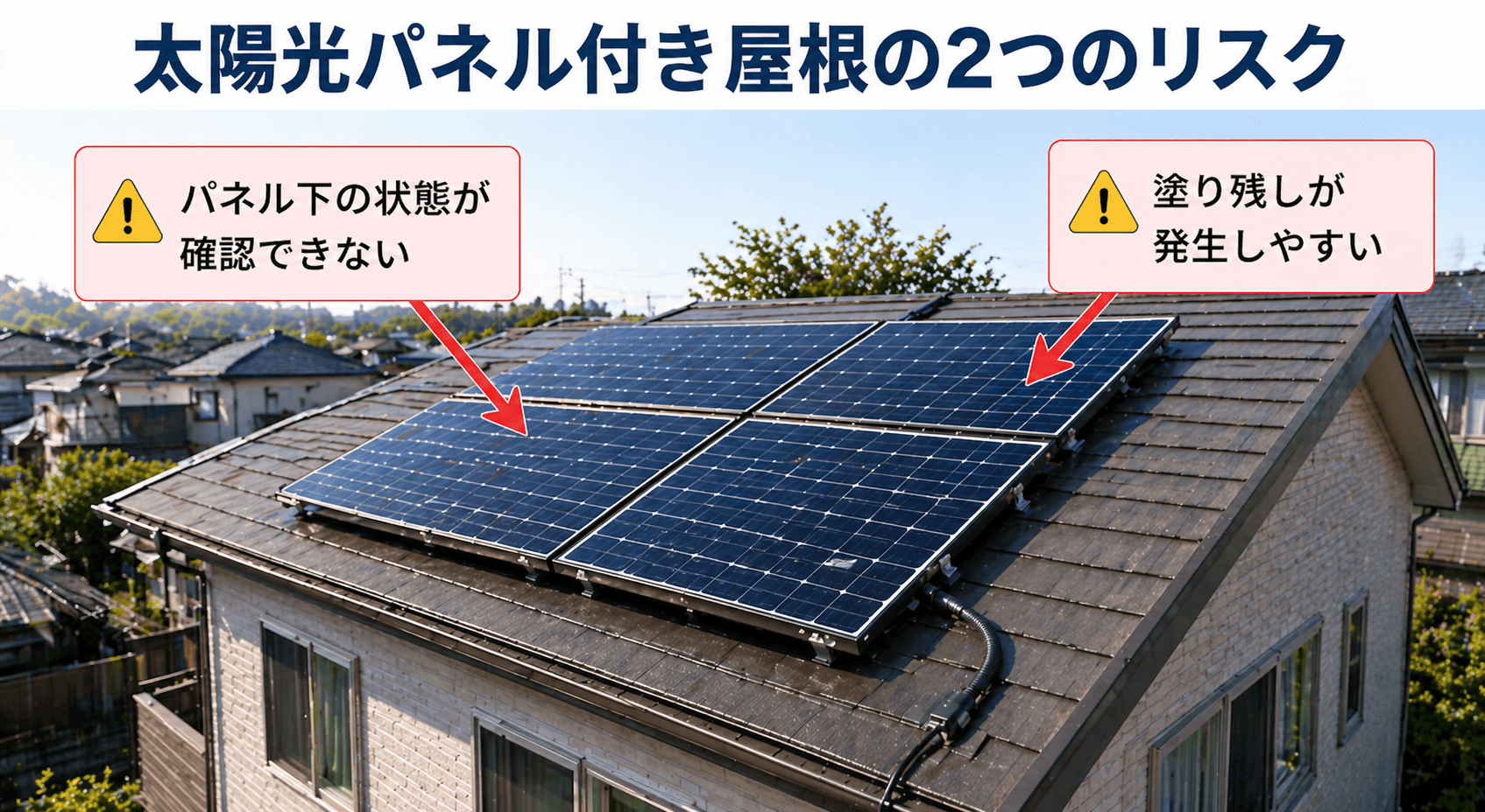 太陽光パネル付き屋根の塗装リスク。パネル下の状態確認不可と塗り残し発生のリスクを矢印で図解