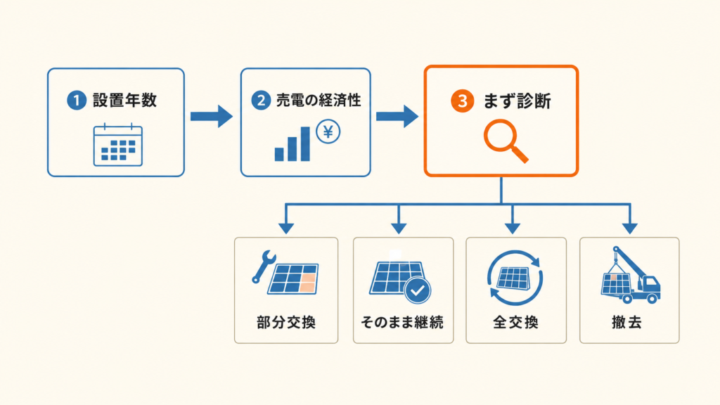 太陽光パネルを交換すべきか見極める判断フロー（設置年数→経済性→診断→部分交換・継続・全交換・撤去）
