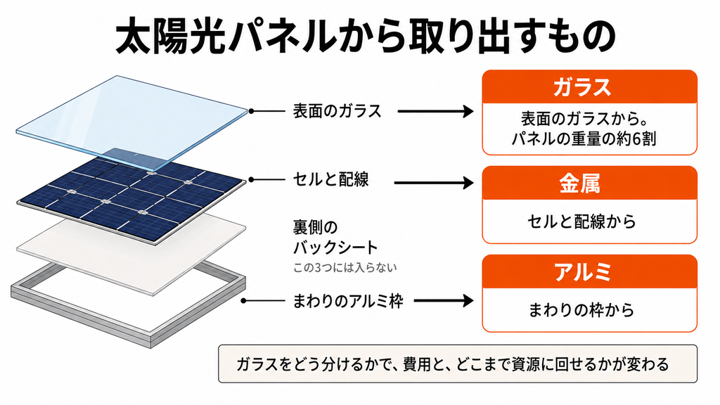 太陽光パネルの構造と、リサイクルで取り出す素材(ガラス・金属・アルミ)