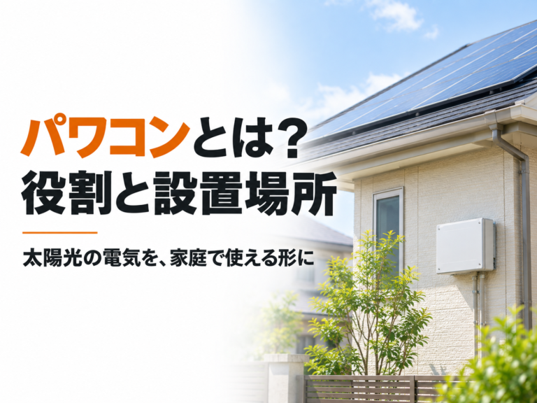 太陽光発電のパワコンの役割と設置場所を紹介する、屋根のパネルと外壁のパワコンが見える住宅のアイキャッチ