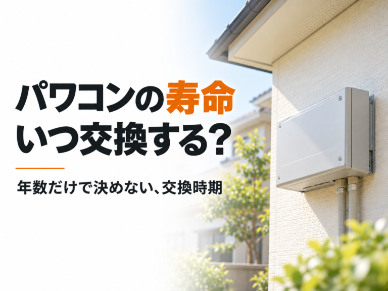 パワコンの寿命と交換時期をテーマにした、住宅の軒下の外壁に設置されたパワコンのアイキャッチ