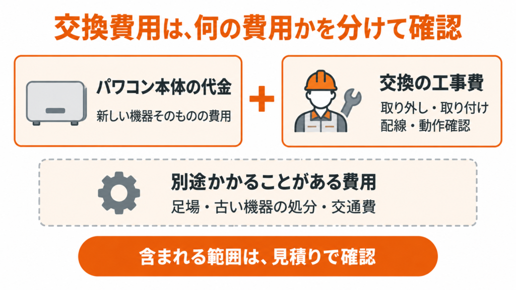 パワコン交換費用を本体代・工事費・別途費用に分けて確認する図