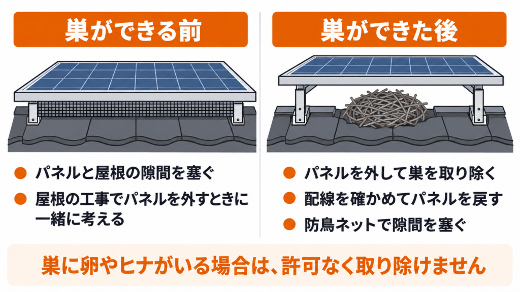 太陽光パネルの鳩対策で巣ができる前と後の対策の違い